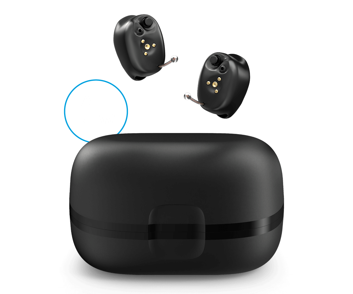 all new signature series hearing aids floating above charger